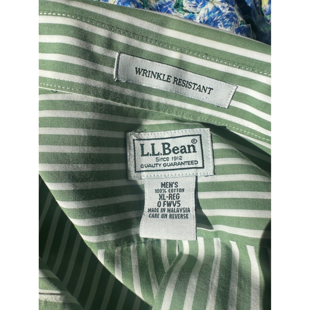 LL Bean Sage Green White Striped Wrinkle Resistant Cotton Button Down Shirt XL - Picture 2 of 3